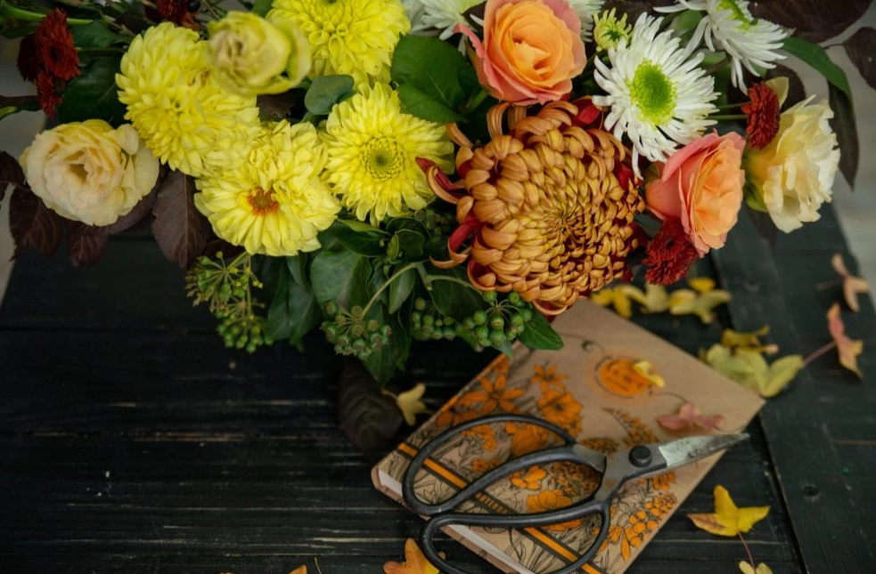 Autumn dried and fresh flowers