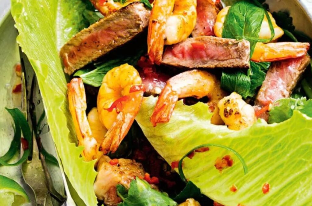 shrimp, steak and lettuce